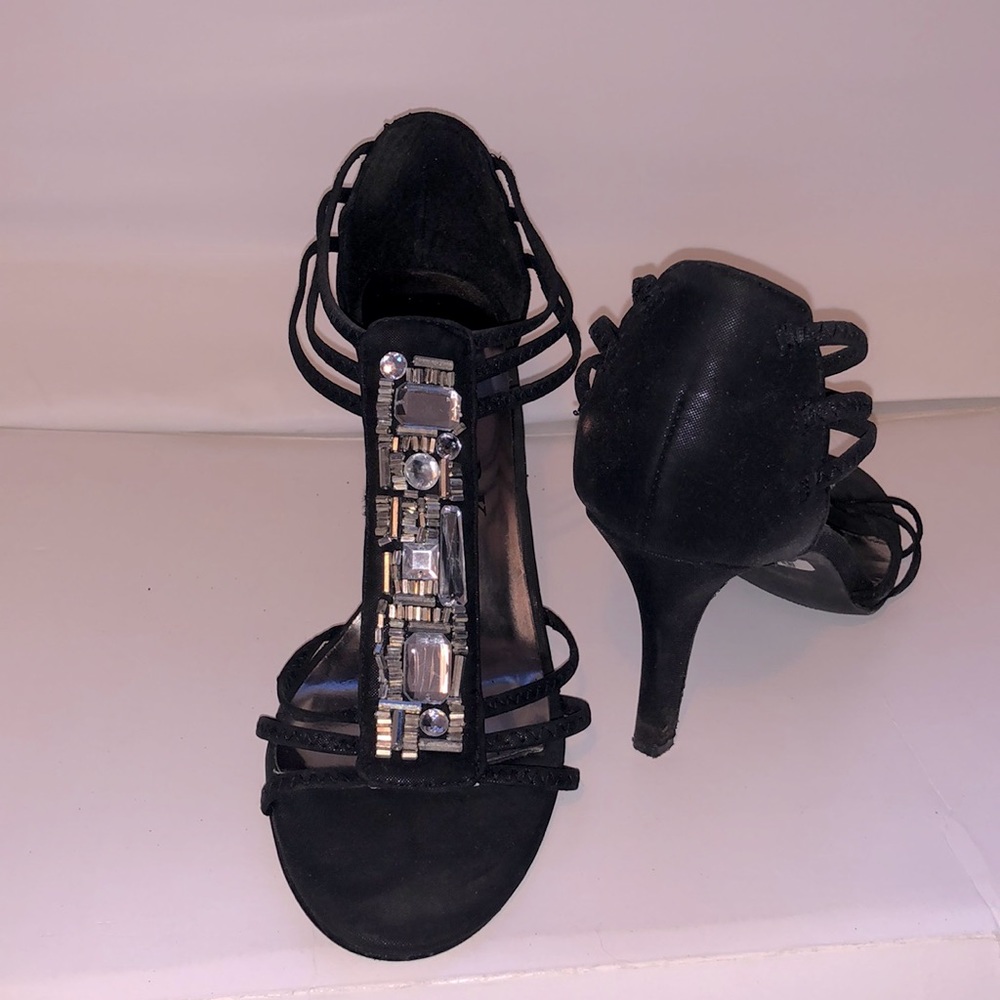 New York Transit Strapped Black Jeweled Heels